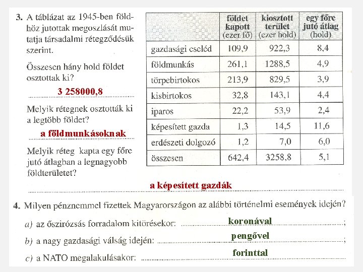 3 258000, 8 a földmunkásoknak a képesített gazdák koronával pengővel forinttal 