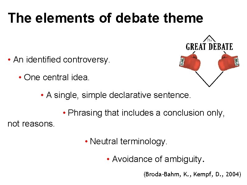 The elements of debate theme • An identified controversy. • One central idea. •