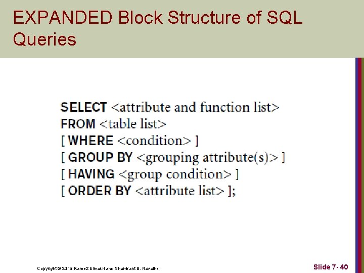 EXPANDED Block Structure of SQL Queries Copyright © 2016 Ramez Elmasri and Shamkant B.