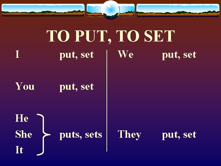 TO PUT, TO SET I put, set You put, set He She It puts,