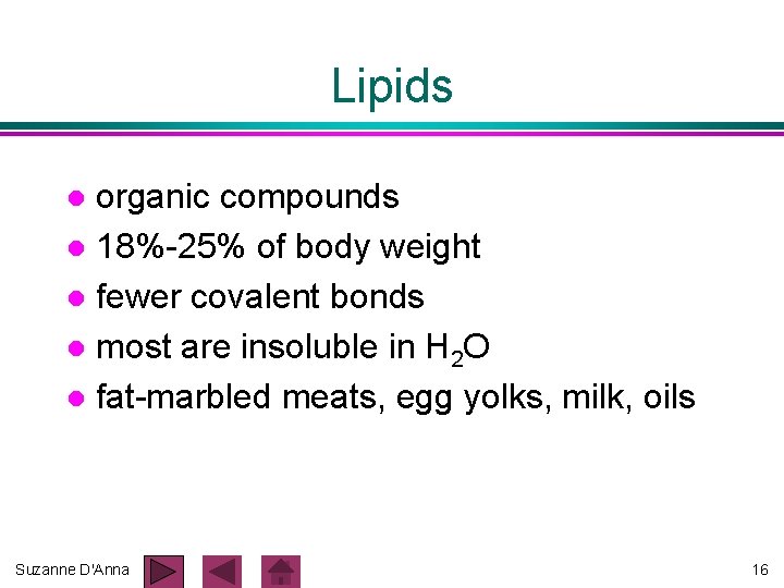 Lipids organic compounds l 18%-25% of body weight l fewer covalent bonds l most Lipids organic compounds l 18%-25% of body weight l fewer covalent bonds l most