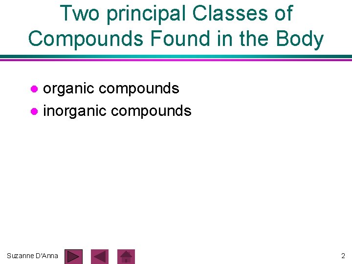 Two principal Classes of Compounds Found in the Body organic compounds l inorganic compounds Two principal Classes of Compounds Found in the Body organic compounds l inorganic compounds