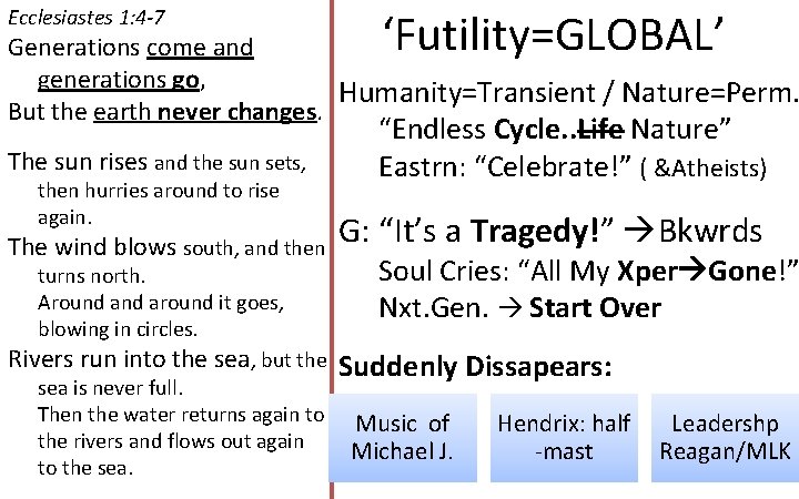 Ecclesiastes 1: 4 -7 ‘Futility=GLOBAL’ Generations come and generations go, Humanity=Transient / Nature=Perm. But