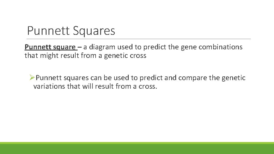 Punnett Squares Punnett square – a diagram used to predict the gene combinations that