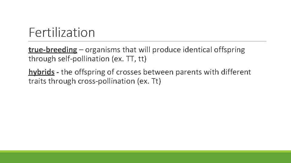 Fertilization true-breeding – organisms that will produce identical offspring through self-pollination (ex. TT, tt)