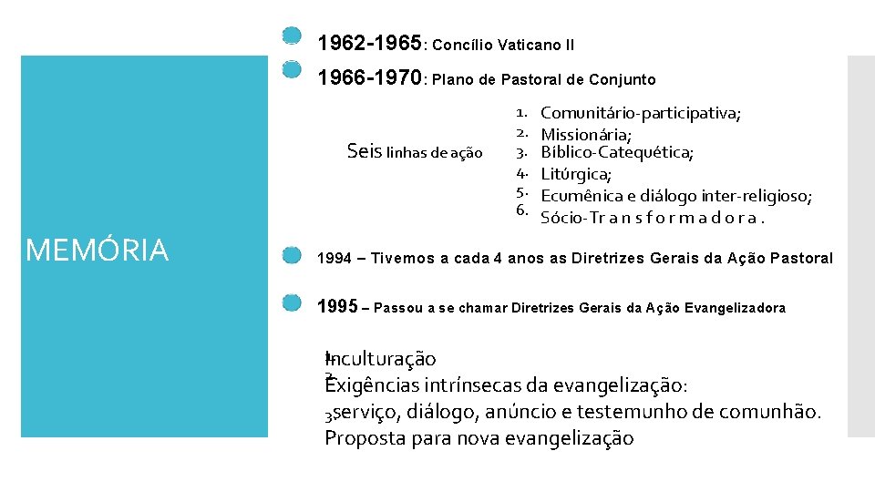 1962 -1965: Concílio Vaticano II 1966 -1970: Plano de Pastoral de Conjunto Seis linhas