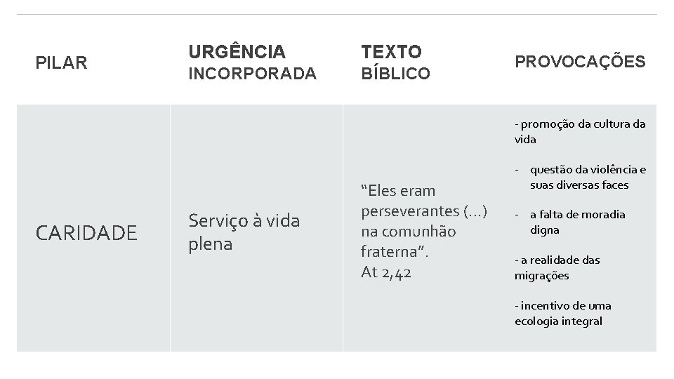 PILAR URGÊNCIA TEXTO INCORPORADA BÍBLICO PROVOCAÇÕES - promoção da cultura da vida CARIDADE Serviço