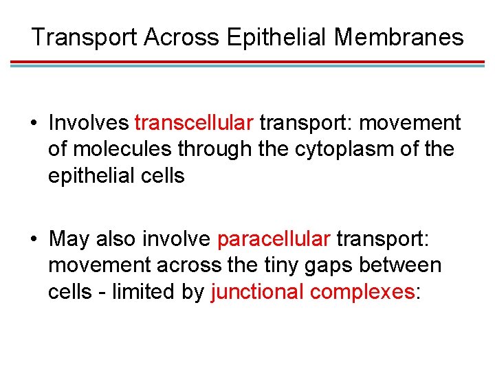 Transport Across Epithelial Membranes • Involves transcellular transport: movement of molecules through the cytoplasm Transport Across Epithelial Membranes • Involves transcellular transport: movement of molecules through the cytoplasm
