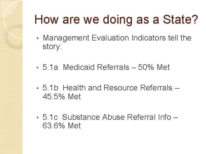 How are we doing as a State? • Management Evaluation Indicators tell the story: