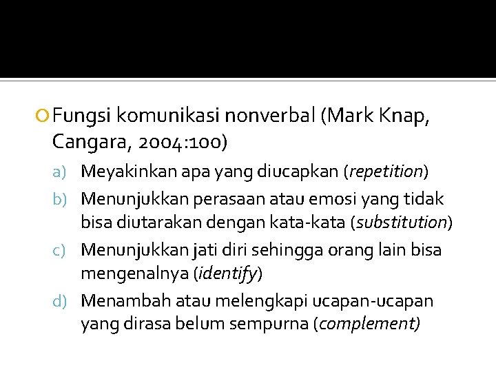  Fungsi komunikasi nonverbal (Mark Knap, Cangara, 2004: 100) a) Meyakinkan apa yang diucapkan