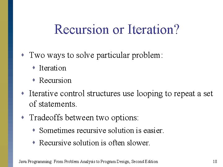 Recursion or Iteration? s Two ways to solve particular problem: s Iteration s Recursion Recursion or Iteration? s Two ways to solve particular problem: s Iteration s Recursion