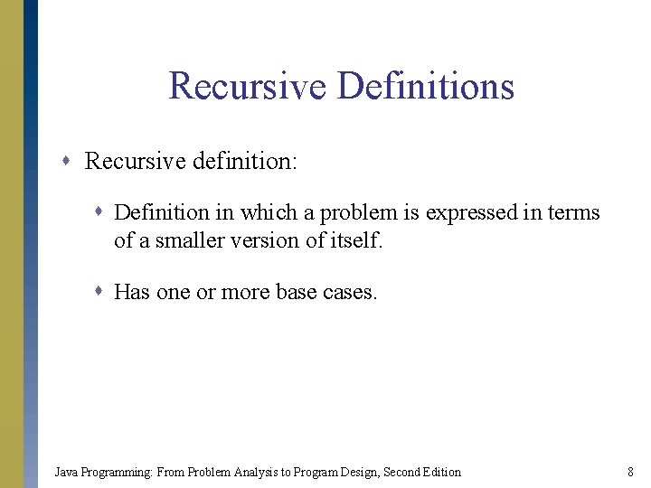 Recursive Definitions s Recursive definition: s Definition in which a problem is expressed in Recursive Definitions s Recursive definition: s Definition in which a problem is expressed in