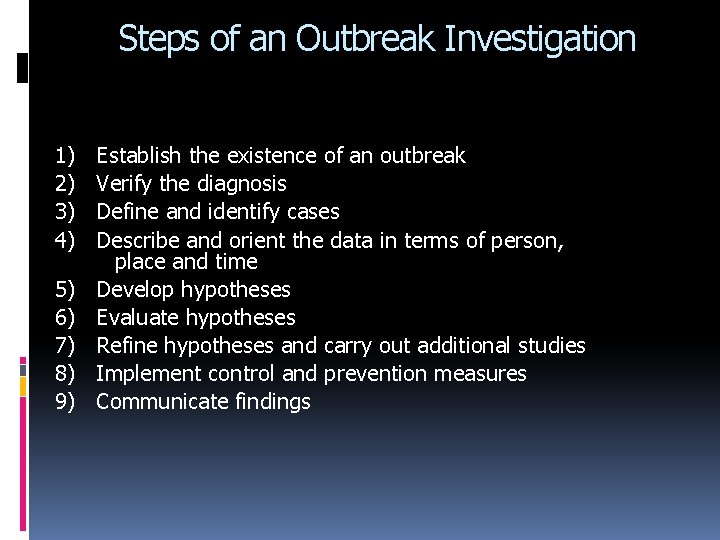 Steps of an Outbreak Investigation 1) 2) 3) 4) 5) 6) 7) 8) 9)