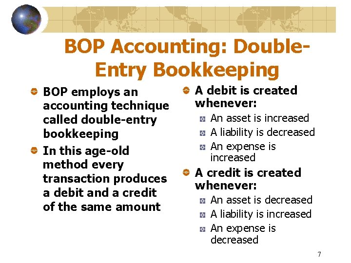BOP Accounting: Double. Entry Bookkeeping BOP employs an accounting technique called double-entry bookkeeping In