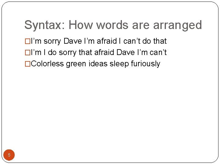 Syntax: How words are arranged �I’m sorry Dave I’m afraid I can’t do that