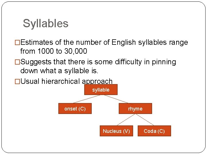 Syllables �Estimates of the number of English syllables range from 1000 to 30, 000