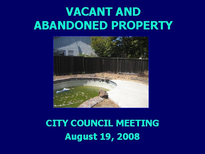 VACANT AND ABANDONED PROPERTY CITY COUNCIL MEETING August 19, 2008 