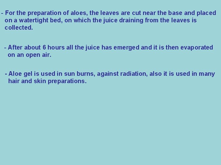 - For the preparation of aloes, the leaves are cut near the base and