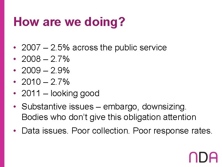 How are we doing? • • • 2007 – 2. 5% across the public