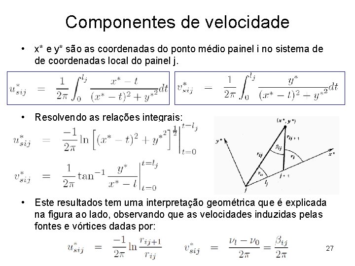 Componentes de velocidade • x* e y* são as coordenadas do ponto médio painel
