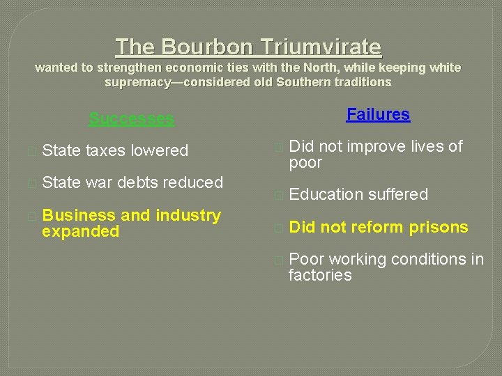 The Bourbon Triumvirate wanted to strengthen economic ties with the North, while keeping white