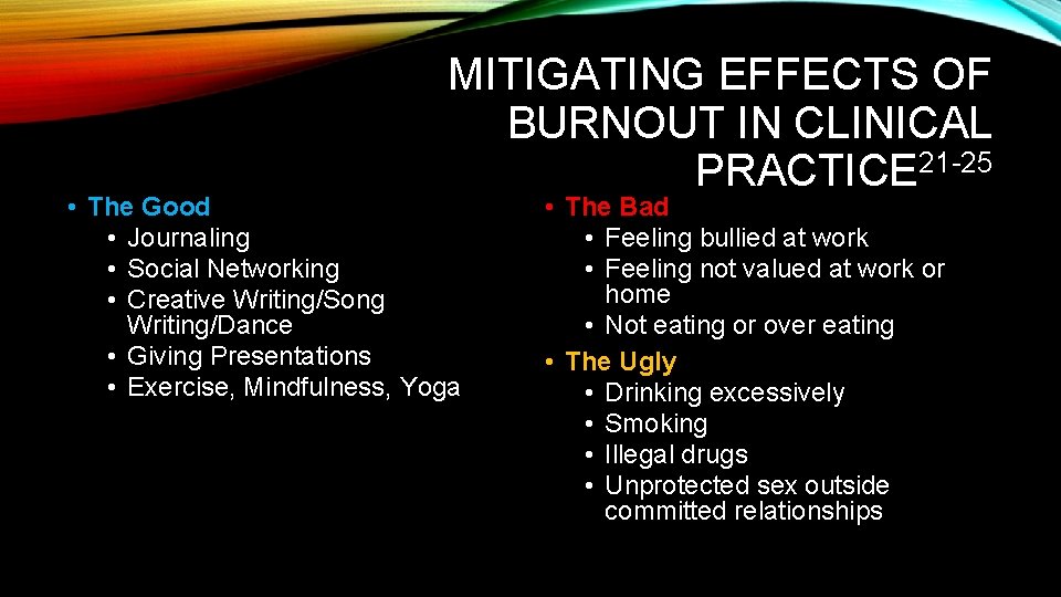 MITIGATING EFFECTS OF BURNOUT IN CLINICAL PRACTICE 21 -25 • The Good • Journaling