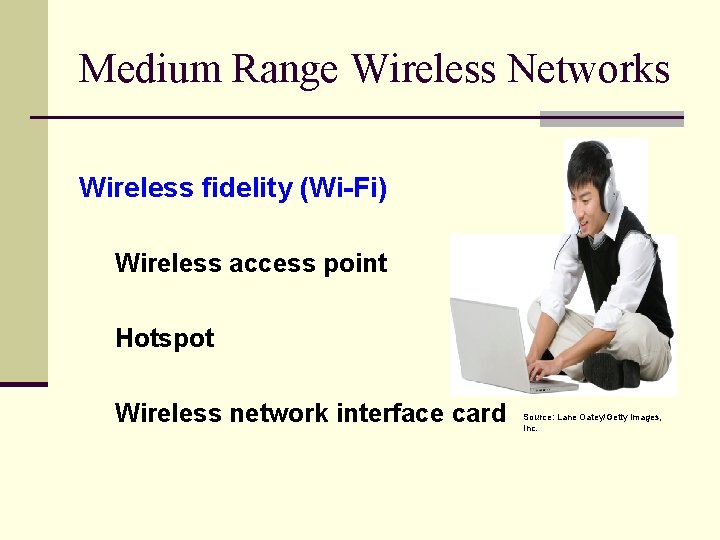 Medium Range Wireless Networks Wireless fidelity (Wi-Fi) Wireless access point Hotspot Wireless network interface