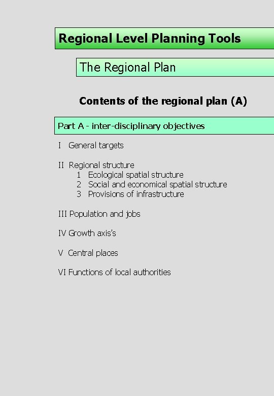 Regional Level Planning Tools The Regional Plan Contents of the regional plan (A) Part