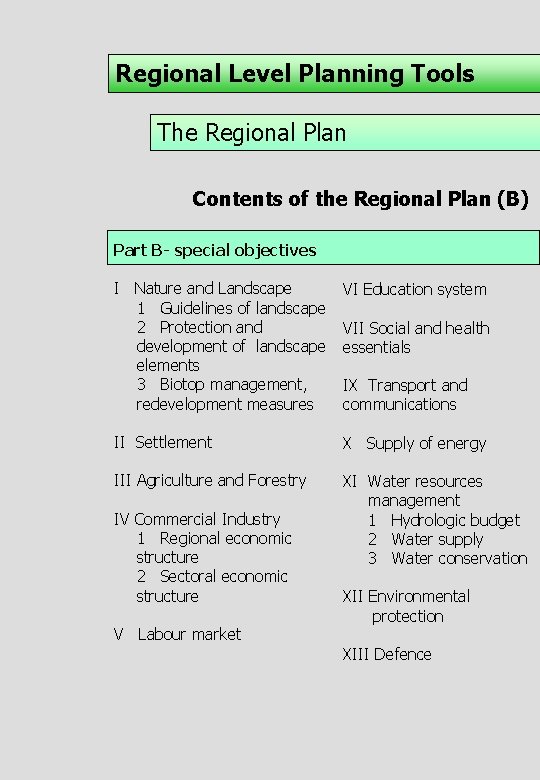 Regional Level Planning Tools The Regional Plan Contents of the Regional Plan (B) Part