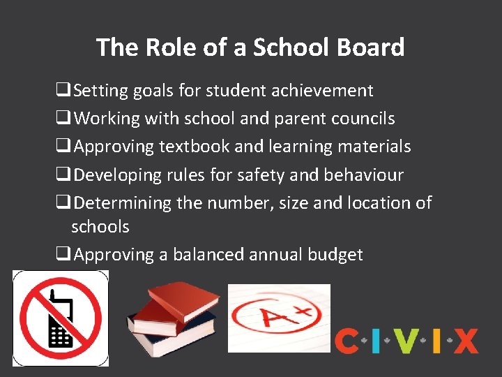 The Role of a School Board q. Setting goals for student achievement q. Working