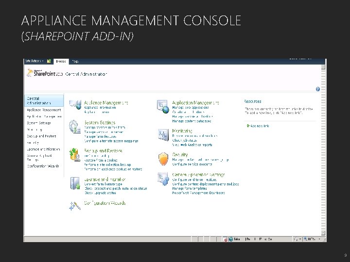 APPLIANCE MANAGEMENT CONSOLE (SHAREPOINT ADD-IN) 9 