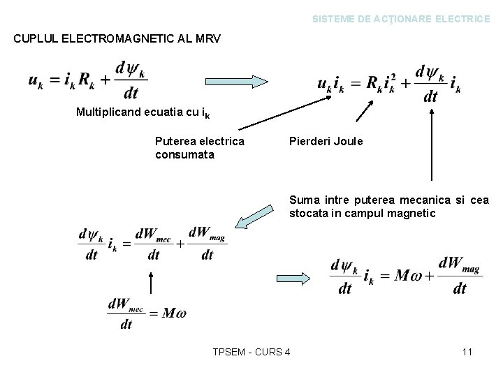 SISTEME DE ACŢIONARE ELECTRICE CUPLUL ELECTROMAGNETIC AL MRV Multiplicand ecuatia cu ik Puterea electrica