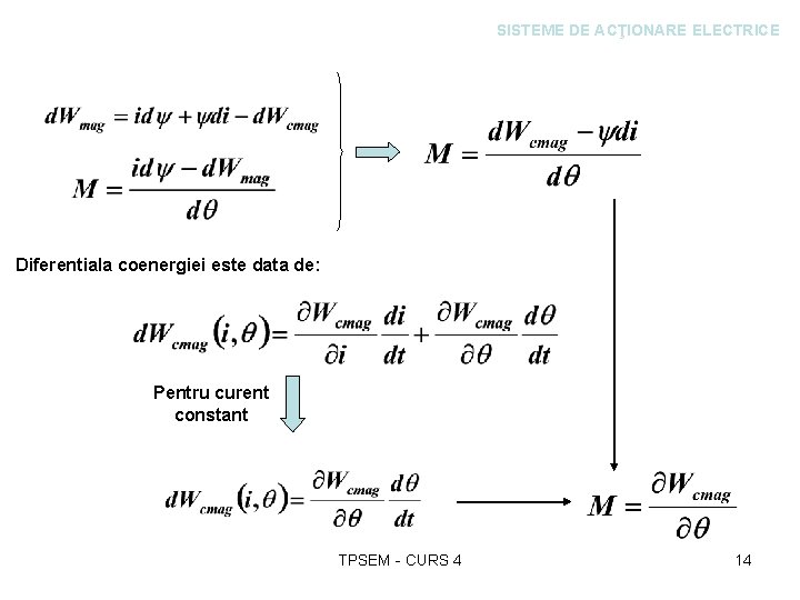 SISTEME DE ACŢIONARE ELECTRICE Diferentiala coenergiei este data de: Pentru curent constant TPSEM -