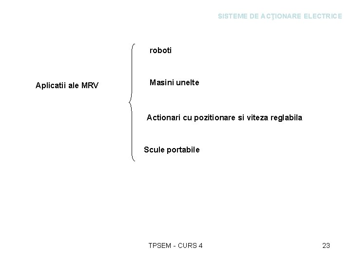 SISTEME DE ACŢIONARE ELECTRICE roboti Aplicatii ale MRV Masini unelte Actionari cu pozitionare si