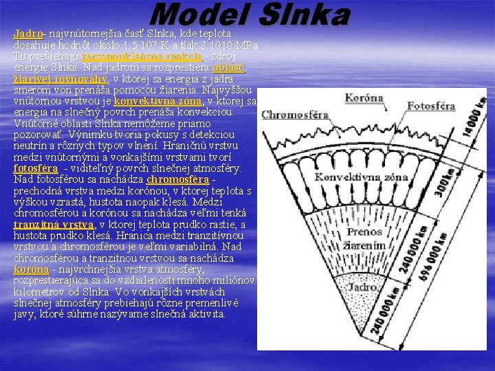 § Model Slnka Jadro- najvnútornejšia časť Slnka, kde teplota dosahuje hodnôt okolo 1, 5.