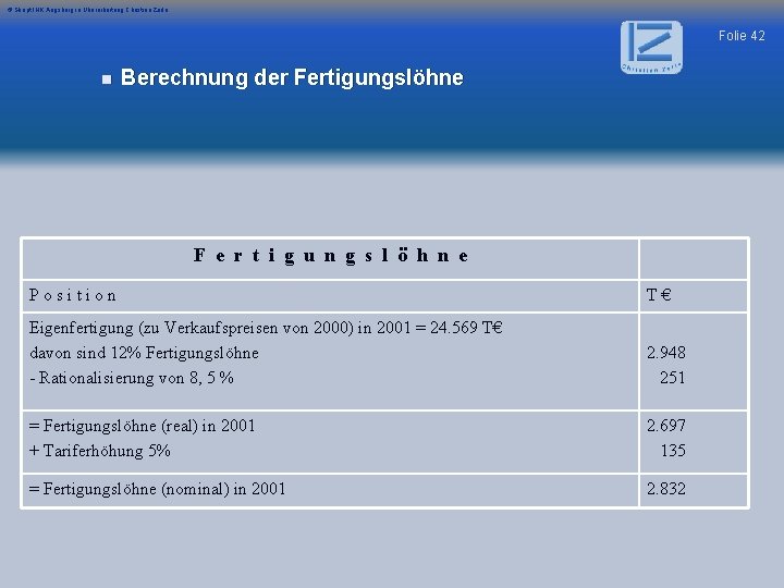 © Skript IHK Augsburg in Überarbeitung Christian Zerle Folie 42 n Berechnung der Fertigungslöhne