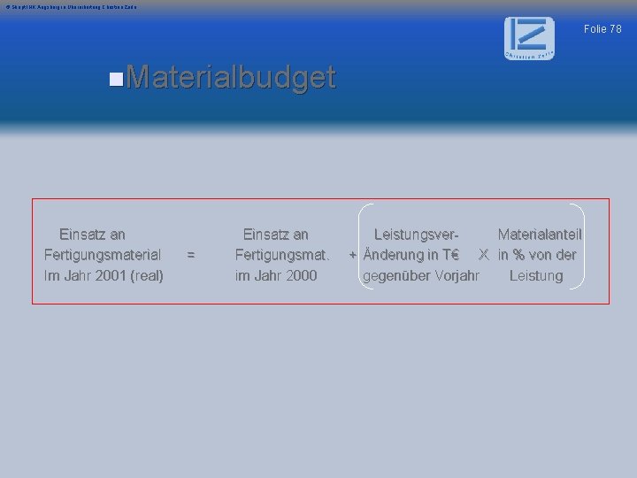 © Skript IHK Augsburg in Überarbeitung Christian Zerle Folie 78 n. Materialbudget Einsatz an