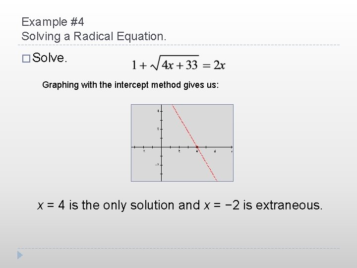 Example #4 Solving a Radical Equation. � Solve. Graphing with the intercept method gives