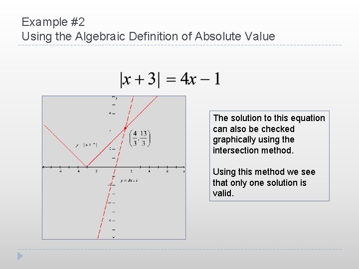 Example #2 Using the Algebraic Definition of Absolute Value The solution to this equation