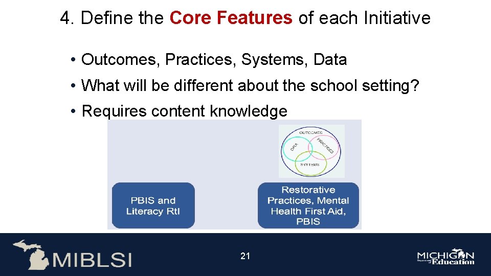 4. Define the Core Features of each Initiative • Outcomes, Practices, Systems, Data •