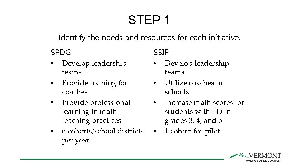 STEP 1 Identify the needs and resources for each initiative. SPDG • Develop leadership