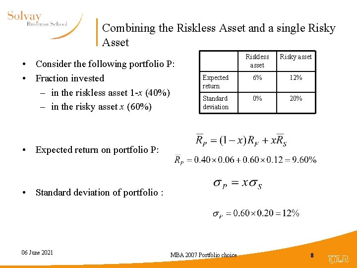 Combining the Riskless Asset and a single Risky Asset • Consider the following portfolio