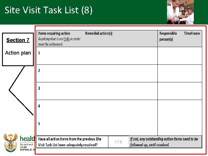 Site Visit Task List (8) Section 7 Action plan 