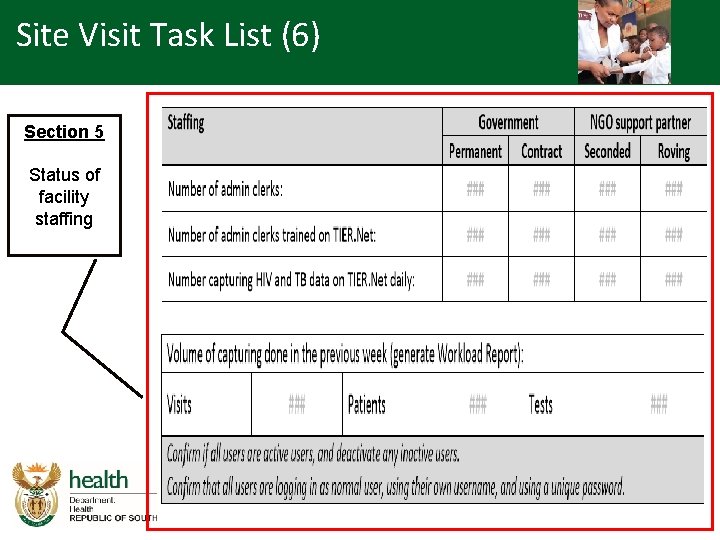 Site Visit Task List (6) Section 5 Status of facility staffing 