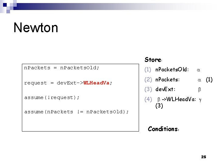 Newton Store: n. Packets = n. Packets. Old; request = dev. Ext->WLHead. Va; assume(!request);