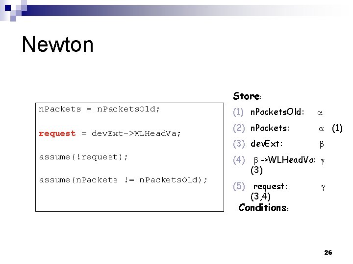 Newton Store: n. Packets = n. Packets. Old; request = dev. Ext->WLHead. Va; assume(!request);