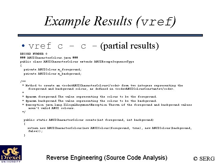 Example Results (vref) • vref c – (partial results) RECORD NUMBER 0 ### ANSICharacter.