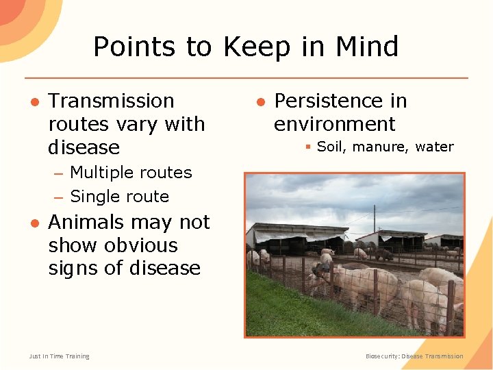 Points to Keep in Mind ● Transmission routes vary with disease ● Persistence in