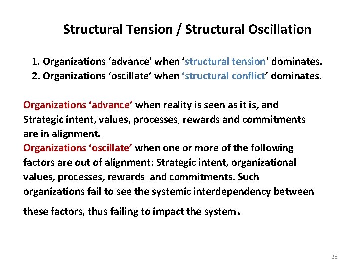Structural Tension / Structural Oscillation 1. Organizations ‘advance’ when ‘structural tension’ dominates. 2. Organizations