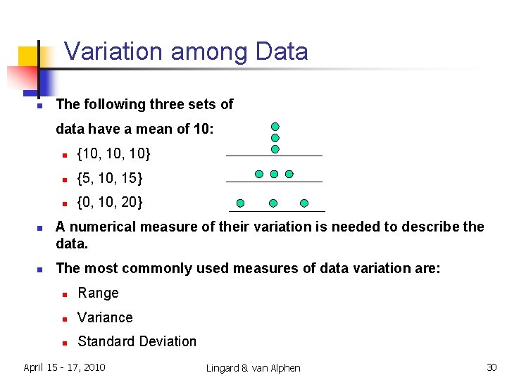 Variation among Data n The following three sets of data have a mean of